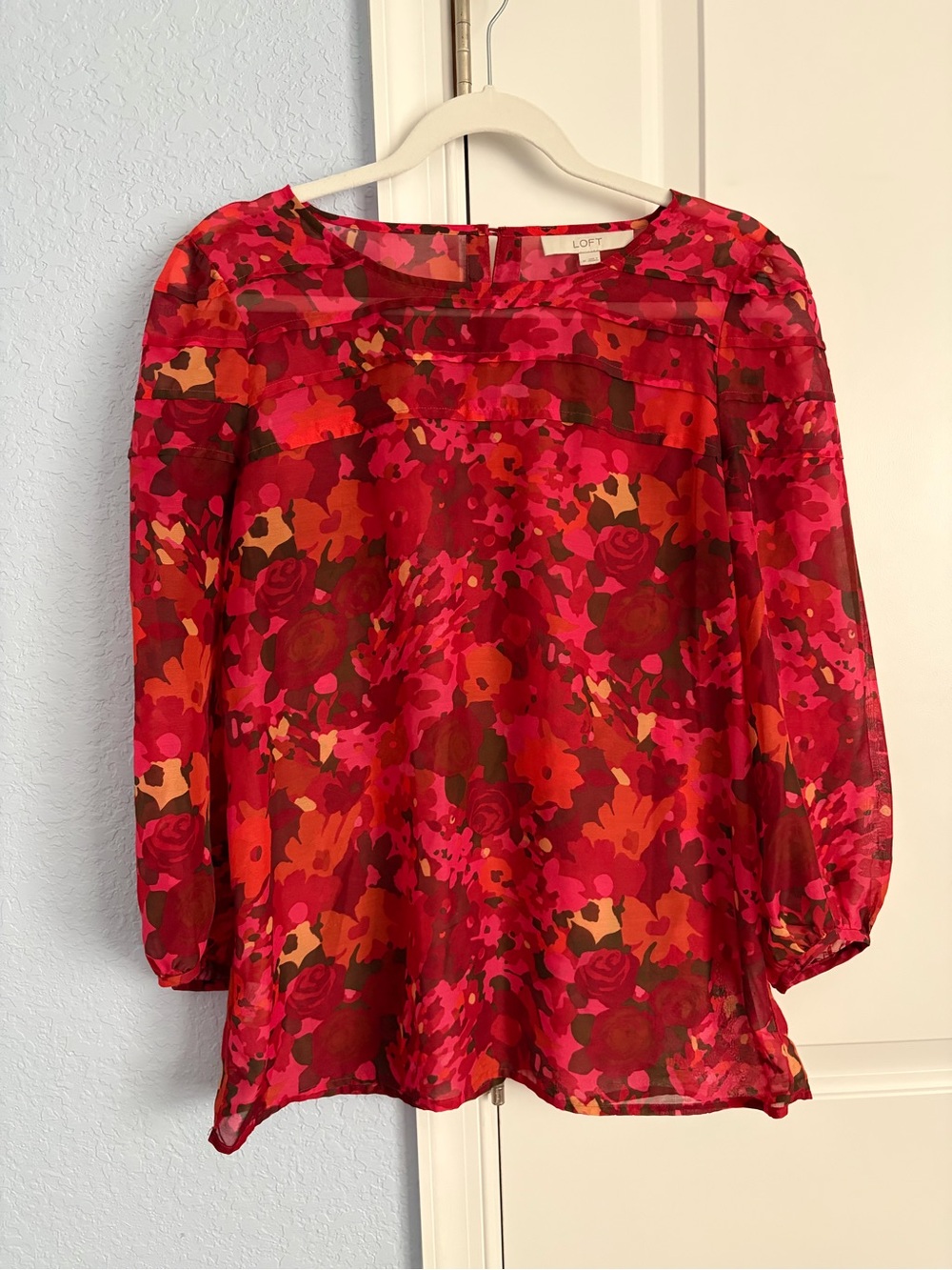 LOFT Red-Pink Floral Sheer Blouse